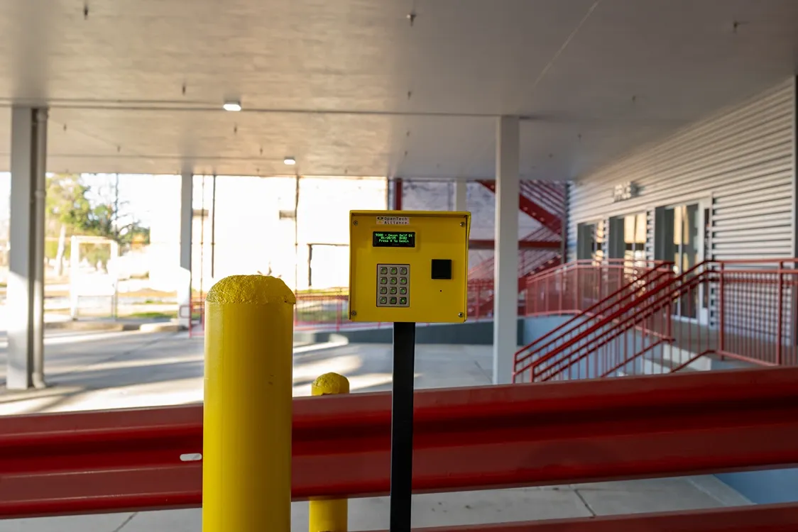 Keypad access system at indoor storage entry point with security-controlled access